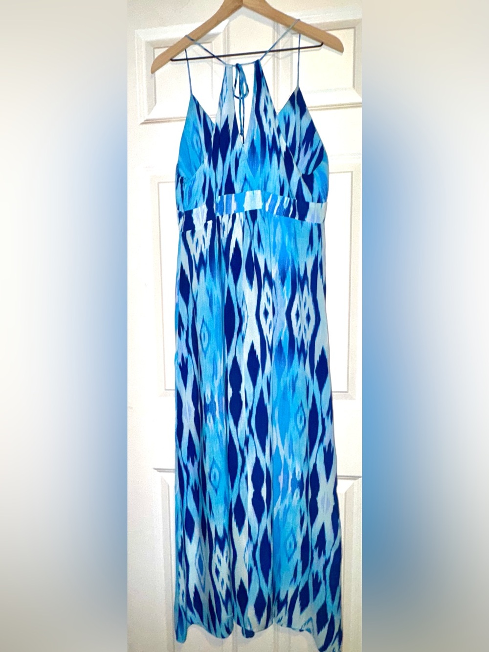Green Dragon Blue Ikat Print Halter Maxi Dress Made in California Resort,Beach